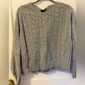 J. Crew Heather Gray Cable Knit Sweater with satin back bow detail.